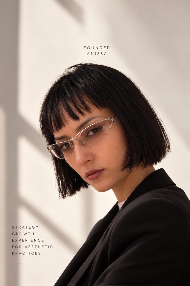 Anissa Sabrina Briki, founder of Kinassay Lab: close-up portrait on a cream background, captioned “Founder, Anissa” and “Strategy, growth, experience for aesthetic practices”