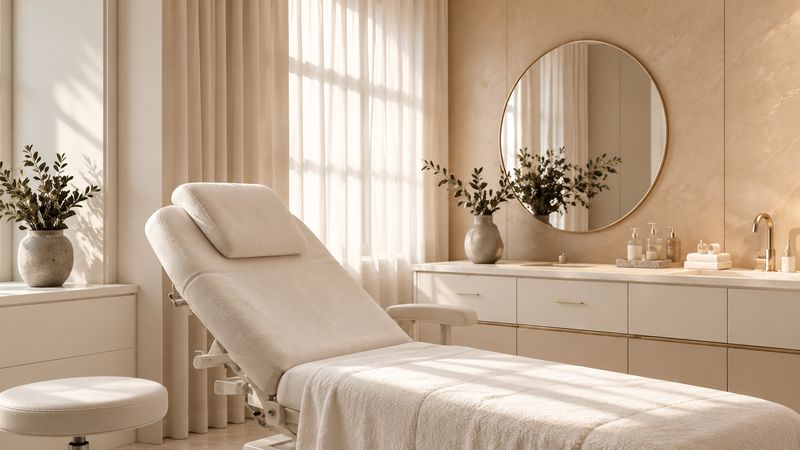 Bright aesthetic treatment room with a treatment chair and a round mirror