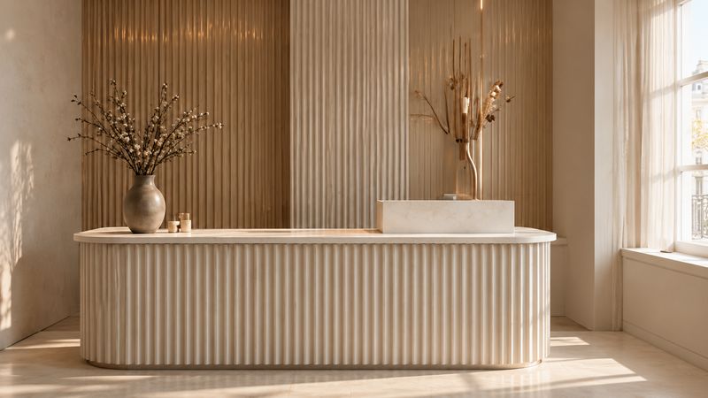 Clinic reception desk in pale wood and stone tones