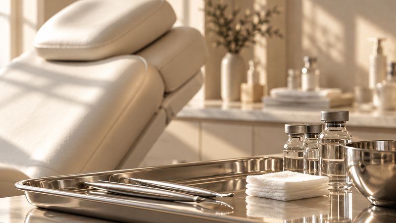 Treatment tray with instruments beside a treatment chair