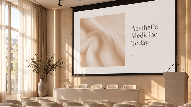 Conference room with a screen reading “Aesthetic Medicine Today”