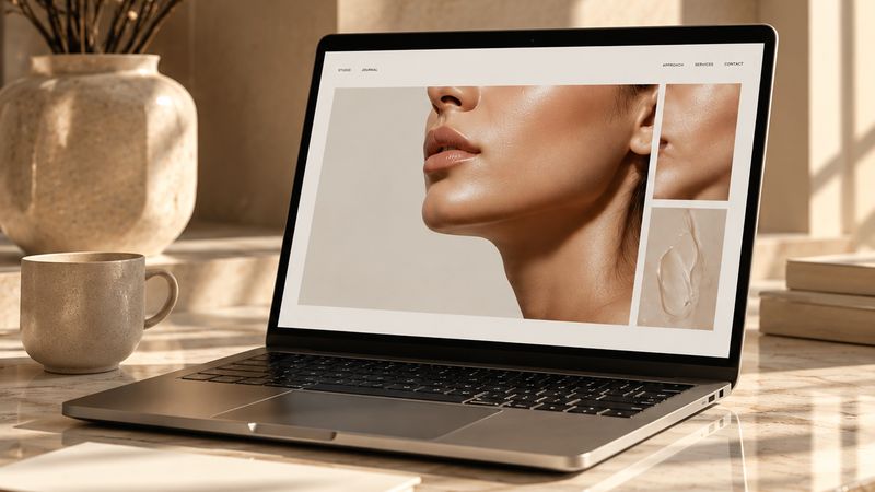 Laptop showing an aesthetic practice website on a sunlit desk